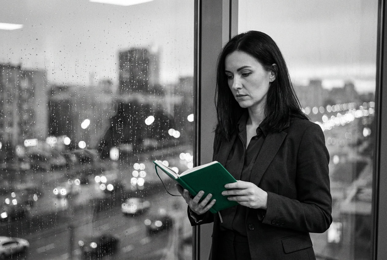 A professional reviewing a document beside an office window at dusk
